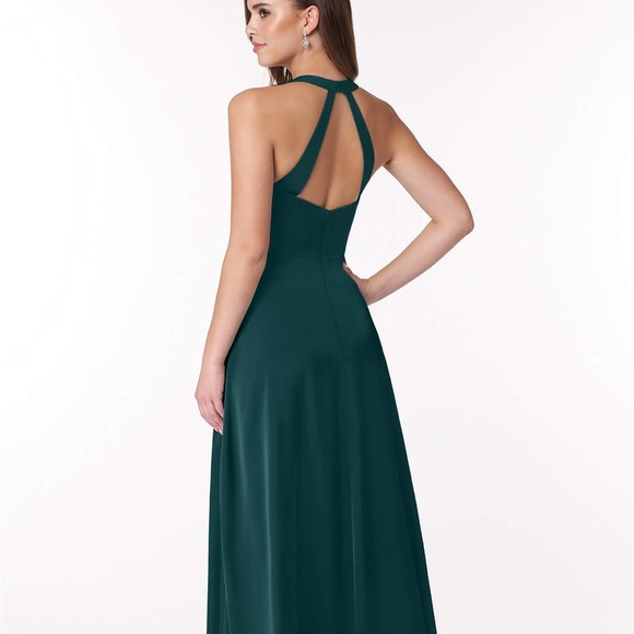 NWT! Azazie Ceria A-Line V-Neck Stretch Satin Floor Length- Pine,Size A10 - Picture 2 of 9